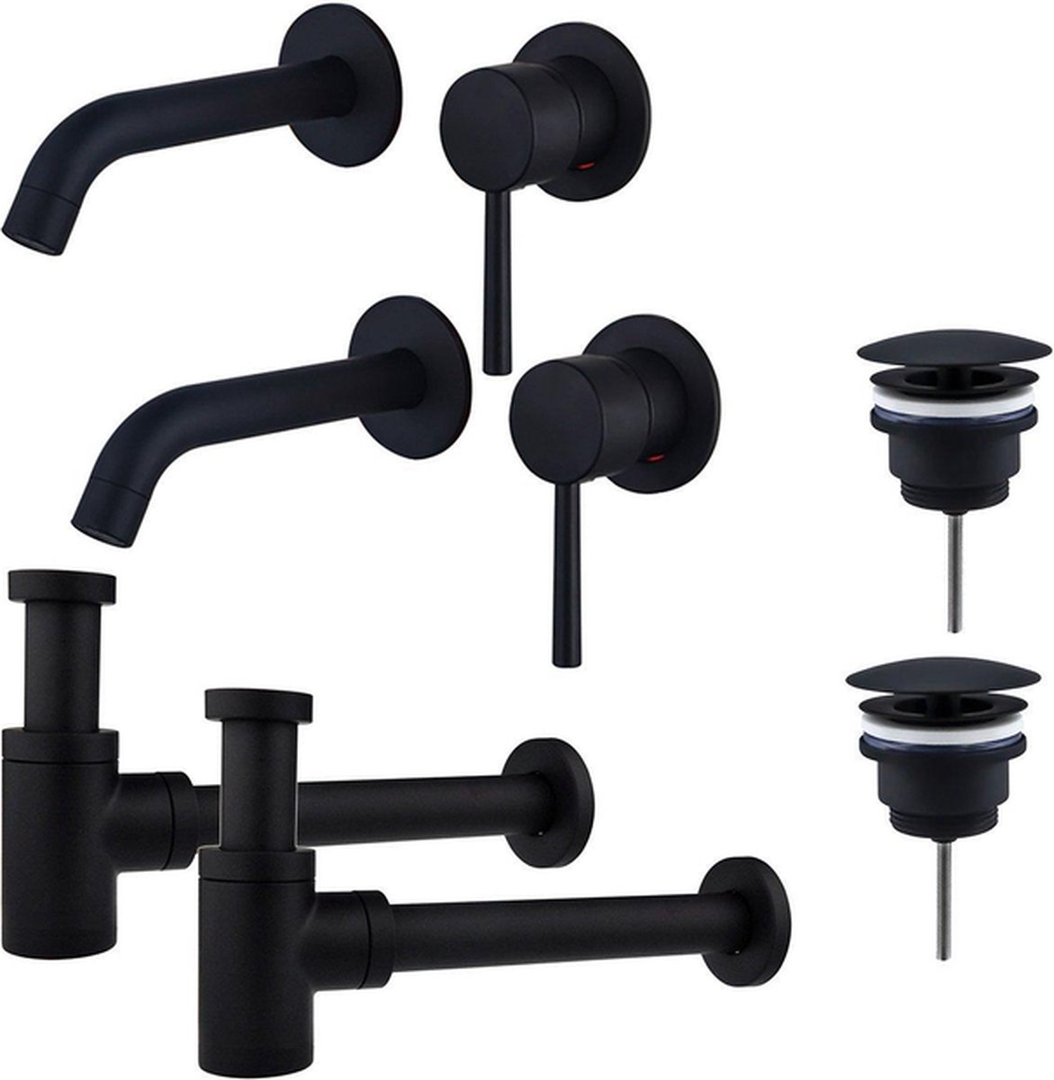 FortiFura Calvi Slim Wastafelkraanset voor dubbele wastafel inbouw wastafelkraan always open plug verlaagde design sifon Mat zwart