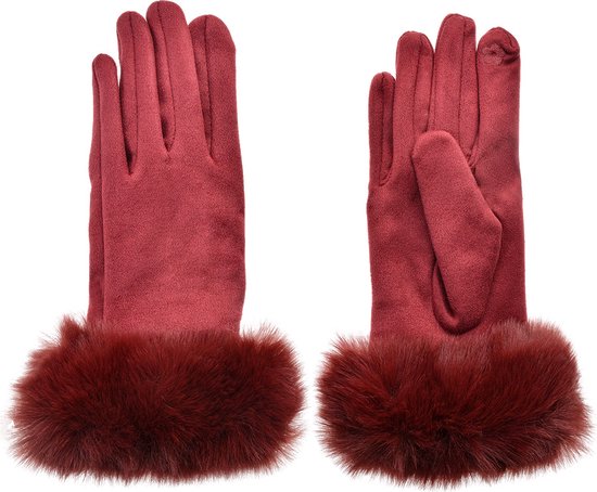 Clayre & Eef Handschoenen met imitatiebont 9x24 cm Rood Polyester
