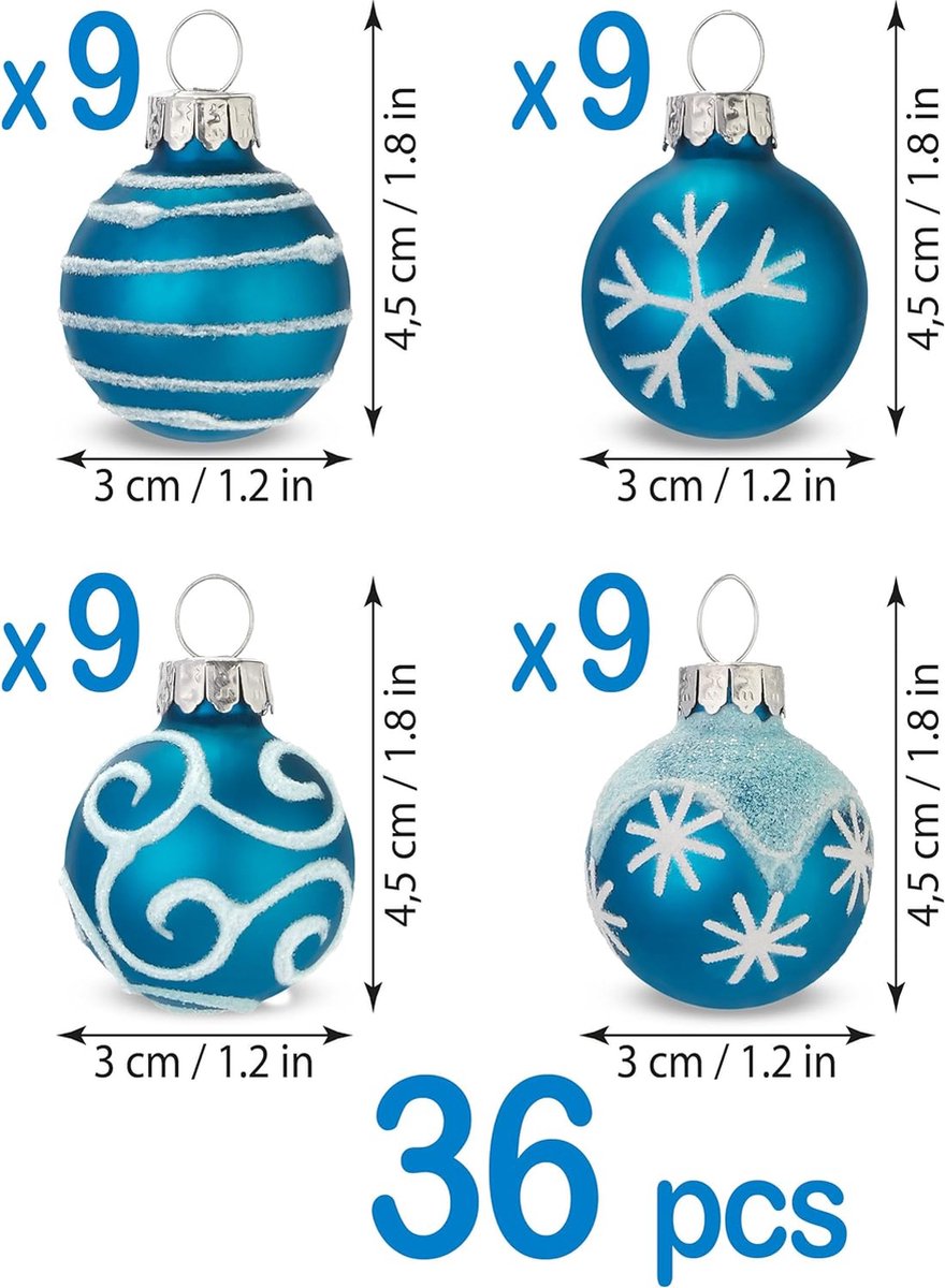 BRUBAKER 36-Delige Set Kerstballen Met 3 Cm Boomballen - Met De Hand Gedecoreerde Kerstboomversieringen Mini-Kerstballen Voor De Kerstboom En Kerstversiering - Kerstboomballen Van Glas – Blauw – foto 2