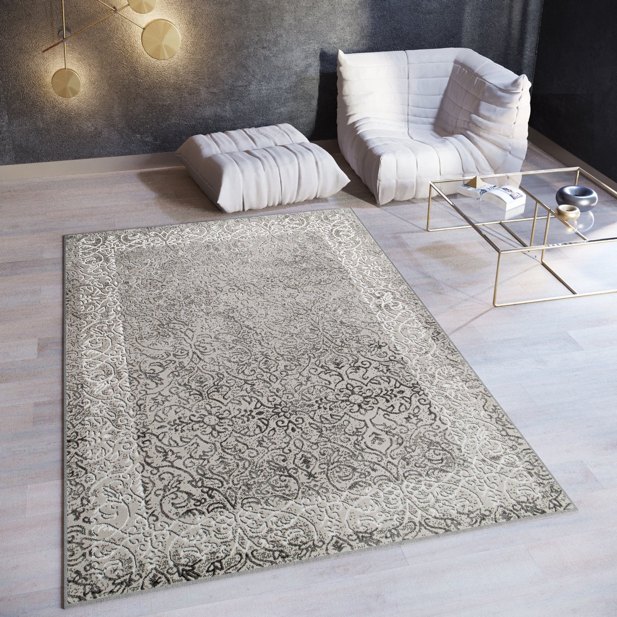 Tapiso Ares Vloerkleed Grijs Licht Laagpolig Woonkamer Frame Oriental Tapijt Maat- 140x200