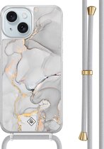Casimoda® hoesje met grijs koord - Geschikt voor iPhone 15 - Marmer Grijs - Afneembaar koord - TPU/acryl - Grijs