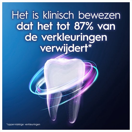 Een klinisch bewezen tand met gloeiende ringen en de tekst 'Het is klinisch bewezen dat het tot 87% van de verkleuringen verwijdert'.