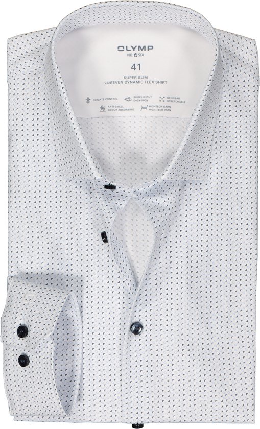 OLYMP 24/7 No. 6 Six super slim fit overhemd - popeline - wit met blauw dessin - Strijkvriendelijk - Boordmaat: 42