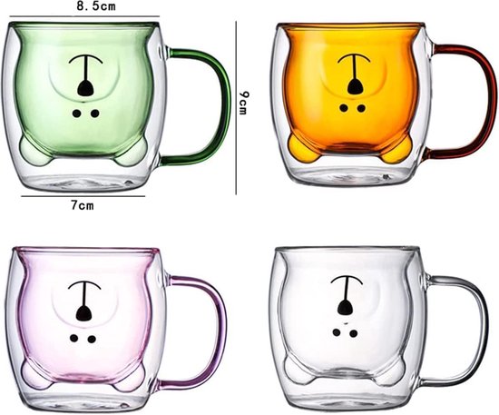 Yuragim Schattige kopjes, beer, theeglazen, koffiebeker, berenbeker, dubbelwandig isolatieglas, espressokop met handvat, lepel en onderzetter, oudejaarsavond, verjaardag, dames