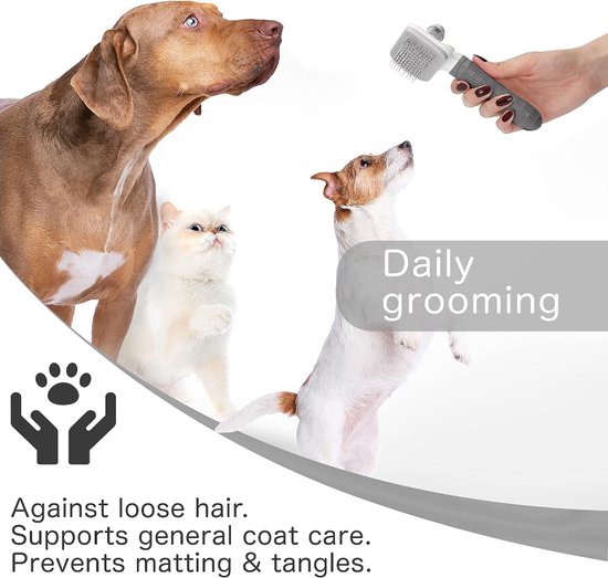 Grijze hondenborstel in een hand, naast een grote bruine hond, een witte kat en een staande Jack Russell.