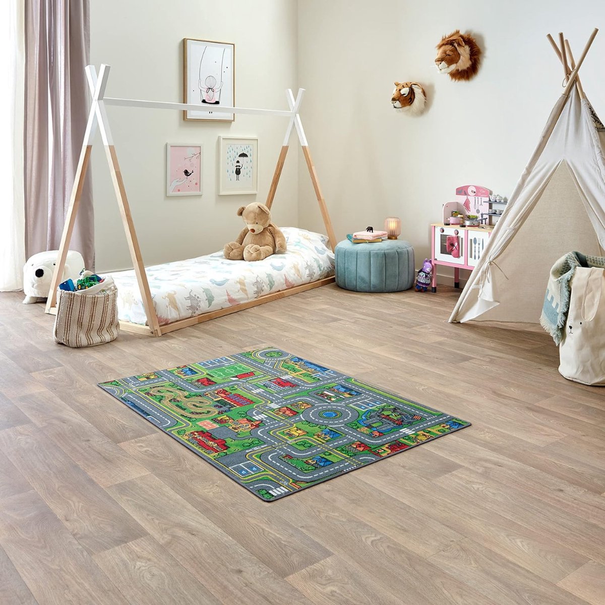 Capslpad Kinderspeelmat, 150 x 200 cm, antislip, stadsplan, speelplaats, tapijt, wasbaar, autospeelmatten, laagpolig, stadsleven, leren, onderwijs, tapijt voor kinderkamer, speelkamer, decoratie