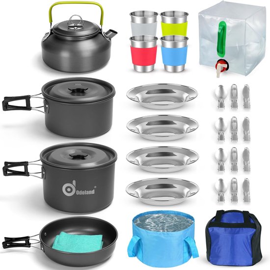 Foto: Camping servies set 29 stuks outdoor kookgerei set voor 12 liter opvouwbare kom opvouwbare pot en pan gemaakt van aluminium en roestvrij staal koffiepot camping bestek in picknickstijl voor 4 personen 