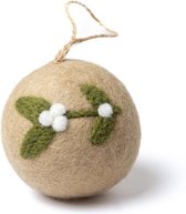 Kerstbal Vilt - Mistletoe Large Rond - Beige & Groen & Wit - 8cm - Fairtrade
