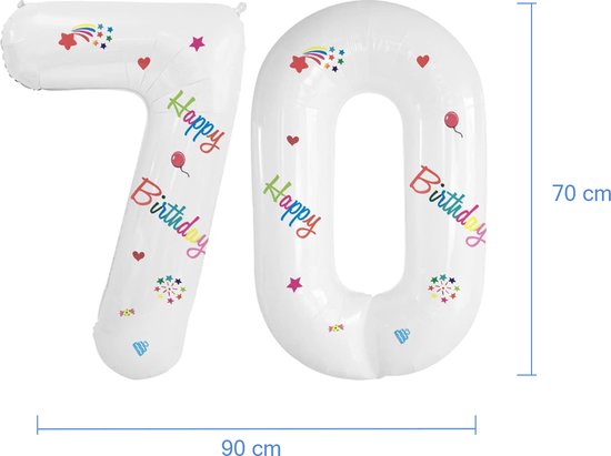 Witte '70' folieballonnen met "Happy Birthday" tekst, sterren, hartjesprint en afmetingen 90x70 cm.