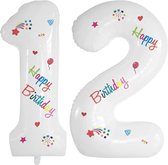 Folie Ballonnen Cijfers 12 Jaar Happy Birthday Verjaardag Versiering Cijferballon Folieballon Cijfer Ballonnen Wit 70 Cm
