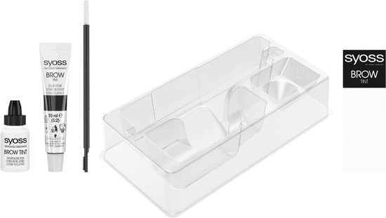 Inhoud van de SYOSS wenkbrauwverf kit: tube kleurcrème, flesje ontwikkellotion, applicatieborstel en mengbakje.