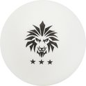 Witte 3-ster tafeltennisbal met een zwart leeuwenlogo en drie sterren.