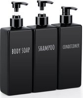 Lotion Dispenser vierkant, 3 stuks 500 ml zwarte zeepdispenser set met etiketten voor shampooconditioner, body soap, navulbare kunststof pompflessen voor badkamer, familiepakket