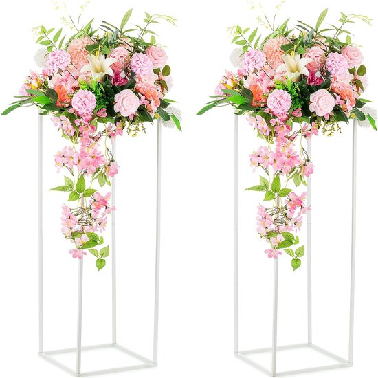 2 Stukken Wit Vazen voor Bruiloft Middelpunt Tafels, Metalen Bloem Vloer Vaas Kolom Bloem Stand, 80cm Hoge Geometrische Bloemenvaas, Rechthoekige Bloem Display Rack voor Bruiloft Party Decor