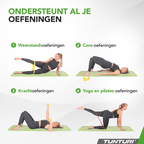 Vier oefeningen op lichtgroene Tunturi matten: weerstand, core, kracht en yoga/pilates.