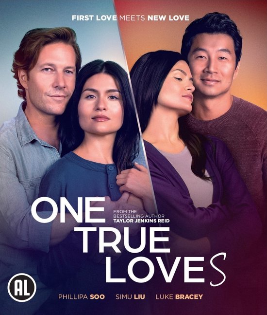 Filmaffiche voor "One True Loves" met twee koppels. Links Luke Bracey en Phillipa Soo. Rechts Simu Liu en Phillipa Soo.