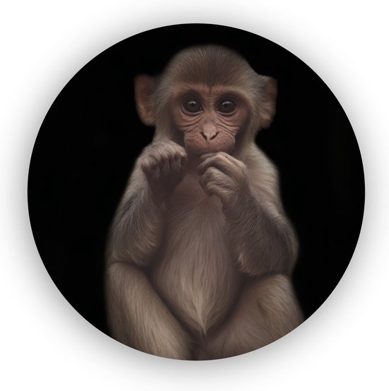Kleine aap in het donker - Schilderij aap - Dieren schilderij - Kinderkamer - Muurcirkel - Wanddecoratie dibond - 90 x 90 cm 3mm