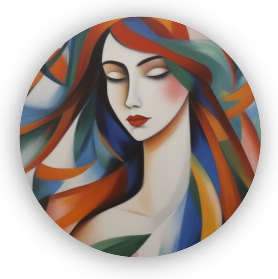 Vrouw in de stijl van Franz Marc - Schilderij vrouw - Franz Marc schilderijen - Kleurrijke kunst - Muurcirkel vrouw - Wanddecoratie dibond - 75 x 75 cm 3mm