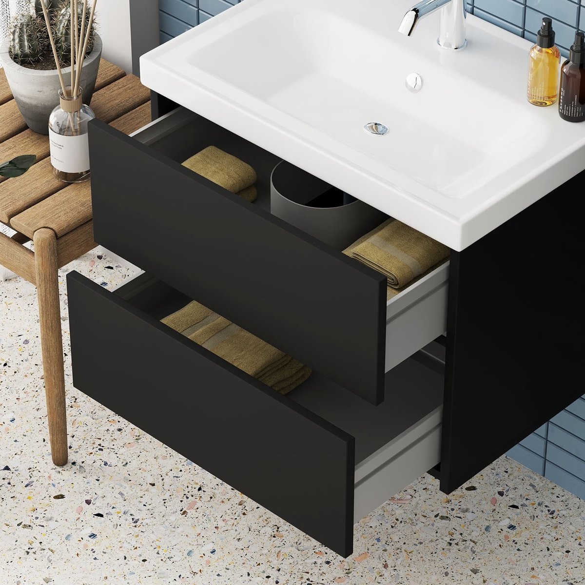 Jena Badkamermeubel Set 65 cm Mat Zwart – Greeploos, Softclose 2 Lades, Keramische Wastafel