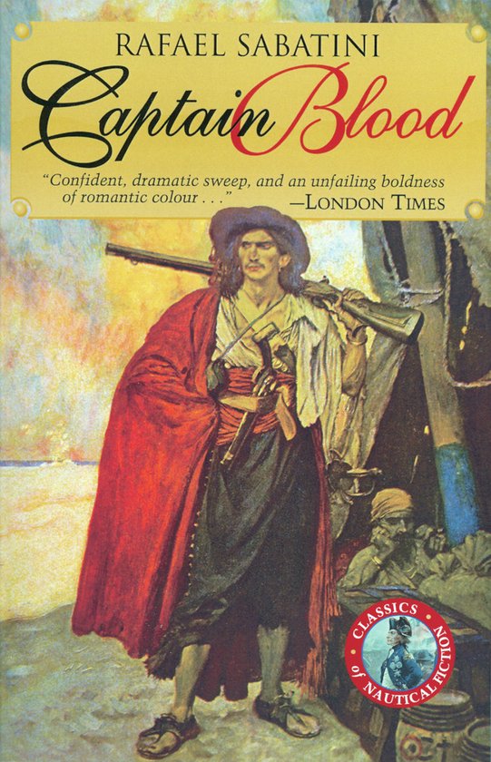 Boekomslag van Captain Blood, met een man in piratenkleding met een geweer over zijn schouder.