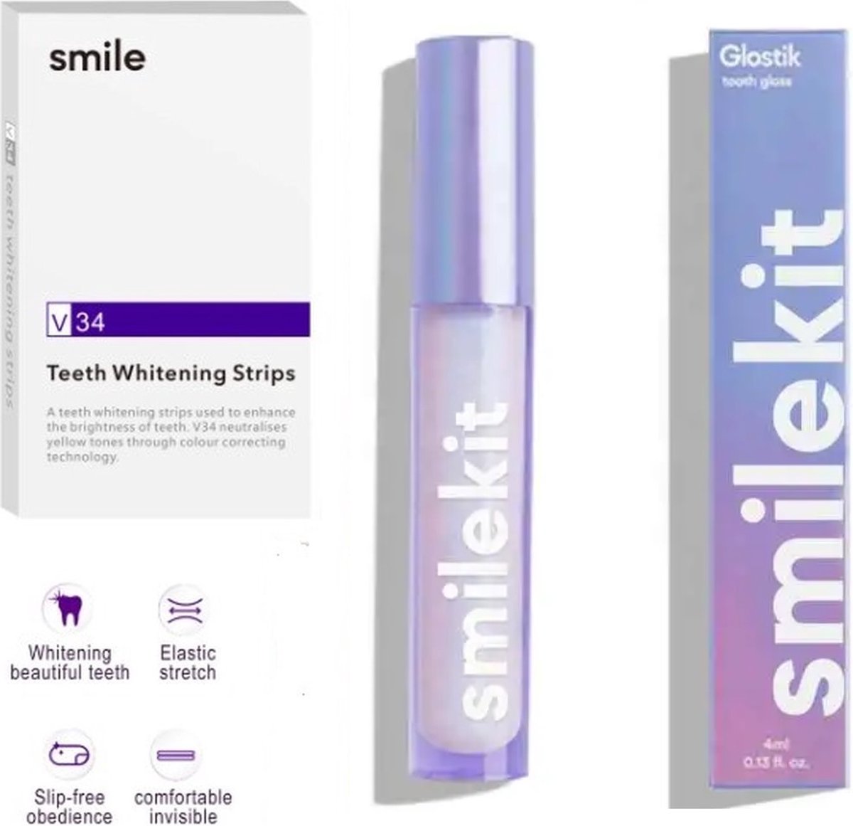 Smilekit - Tandenbleekset - V34 Colour Corrector Strips & Glostik Whitening Gloss Pen - Witte Tanden - Paarse Tandpasta - Teeth Whitening - Hismilekit - Kleurcorrector- - Hismile - hismilekit - smilekit
