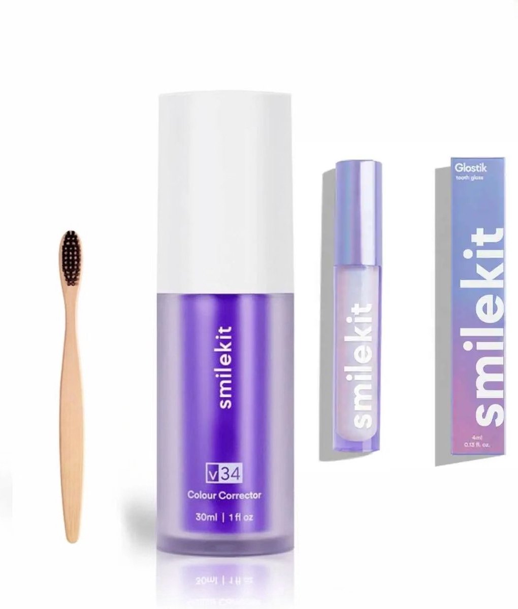 Smilekit - Tandenbleekset - V34 Colour Corrector Serum & Glostik Whitening Pen - Witte Tanden - Paarse Tandpasta - Teeth Whitening - Hismilekit - Kleurcorrector- - Hismile - hismilekit - smilekit