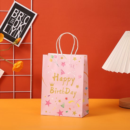 10 x SET de sacs cadeaux - ROSE - Tassen Happy anniversaire - 21*15*8 cm - Papier kraft - Pour enfants - Sacs de transport - Sacs cadeaux - Emballage - Sham's Art