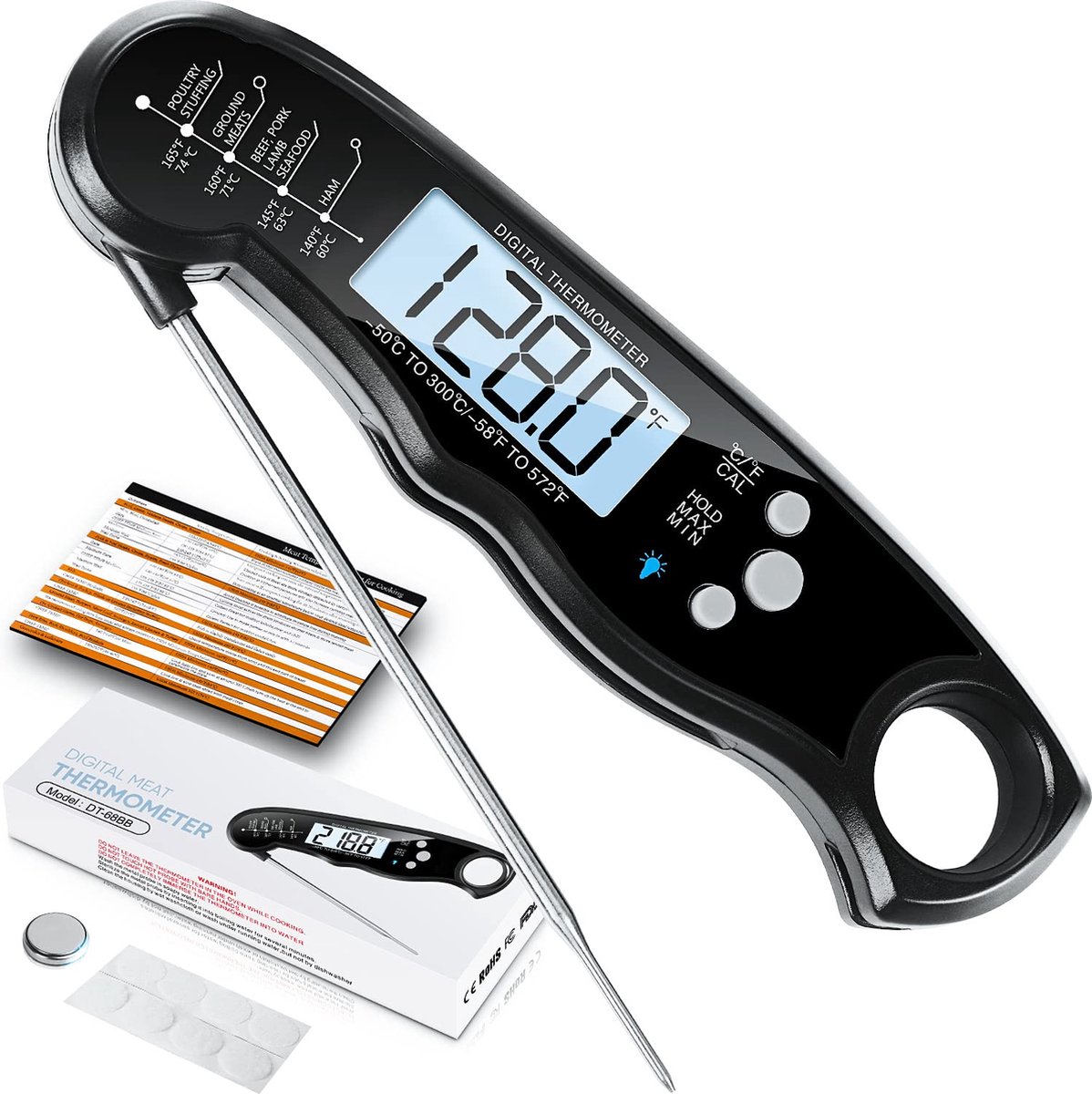 Rixora® - Vleesthermometer - BBQ Thermometer - Kernthermometer - Suikerthermometer - Keukenthermometer - Digitaal – Draadloos - Waterdicht - Zwart