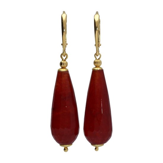Bela Donaco Boucles d'oreilles Art Deco – Jade facetté rouge – Argent Sterling plaqué or 24 carats