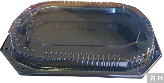 Zwarte, achthoekige kunststof schaal met deksel, 430/280 mm.