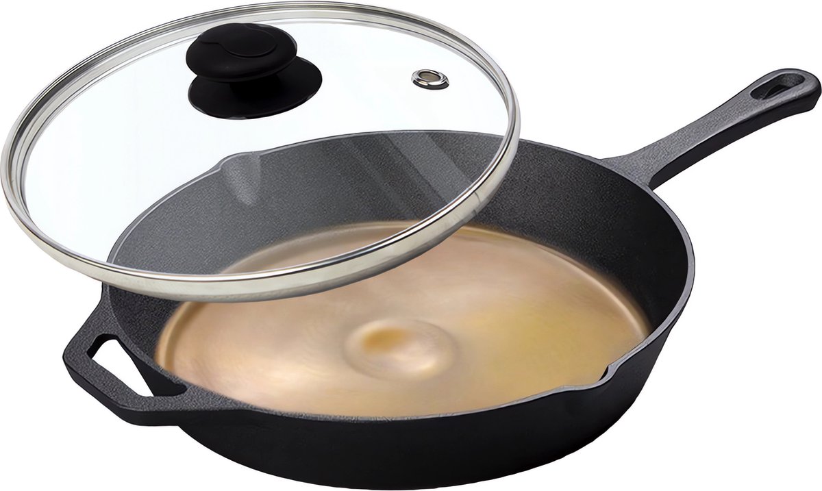 Koock Amsterdam® gietijzeren Skillet pan gepolijst - koekenpan MET DEKSEL - PFAS vrij - geschikt voor alle warmtebronnen incl. BBQ en inductie.