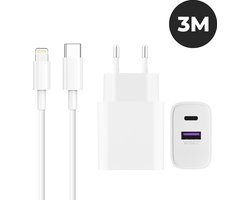 USB C naar Lightning Snellader – inclusief 3 meter Lightning oplaadkabel – Oplader met USA en USB C poort – geschikt voor iPhone 14 / 13 / 12 / 11 / X en iPad – wit – WiseQ