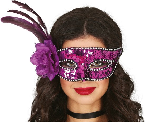 Fiestas Guirca Verkleed oogmasker Venitiaans - paars pailletten - volwassenen - Carnaval/gemaskerd bal