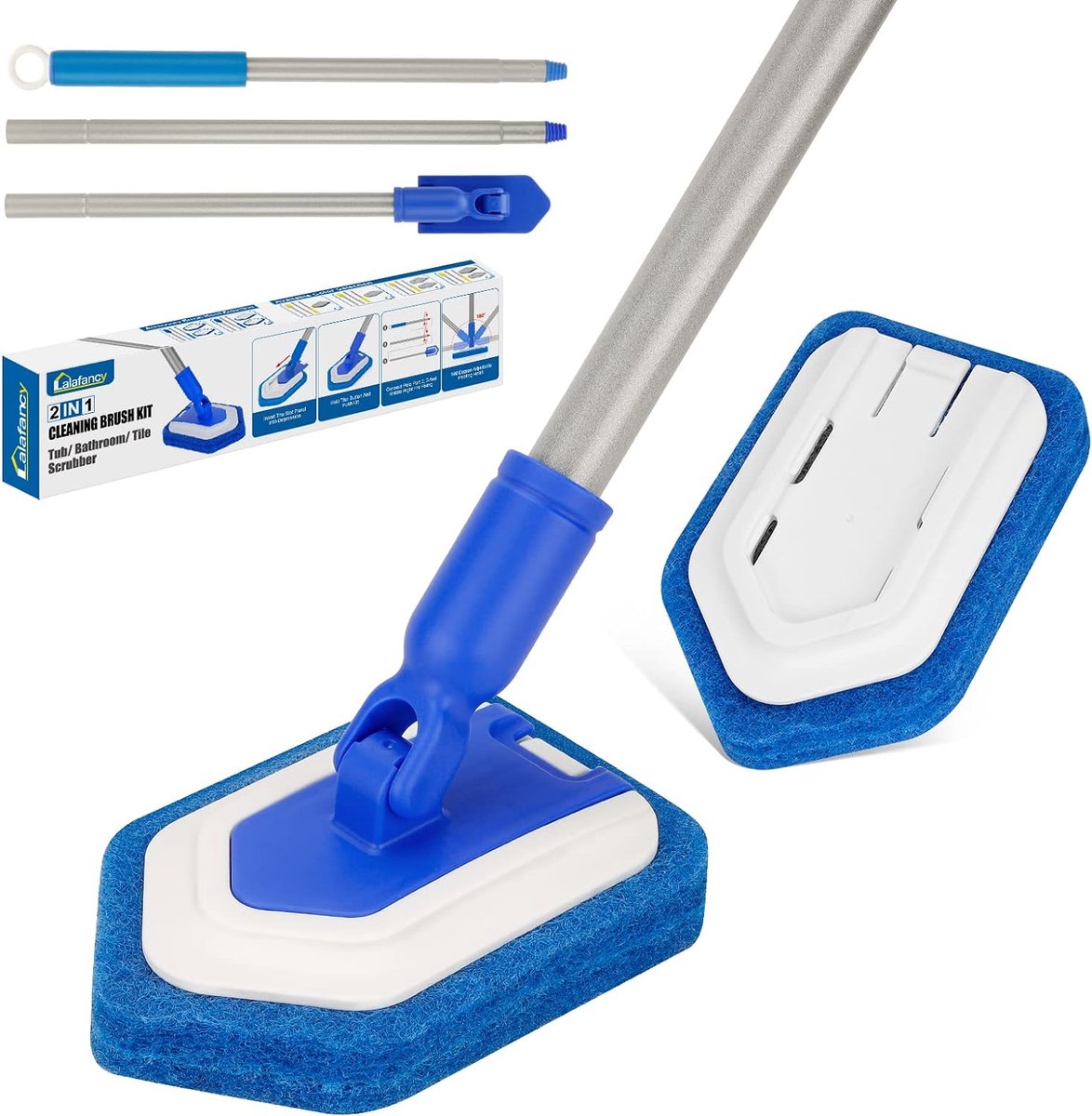 Goedkoopste Schrobber met handvat, schoonmaakborstel, badkamer, doucheschrobber met een handvat van 119 cm lang met verwisselbare kop die 180° kan draaien, kan worden gebruikt voor badkamers, muren, badkuipen en tegels.