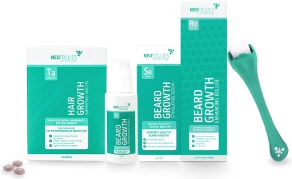 Bol.com Neofollics - Baardgroei Pakket - Tablets + Serum + Roller aanbieding