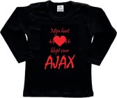 Amsterdam Kinder t-shirt Lange Mouw | "Mijn hart klopt voor AJAX | Verjaardagkado | verjaardag kado | grappig | jarig | Amsterdam | AJAX | cadeau | Cadeau | Zwart/rood | Maat 86