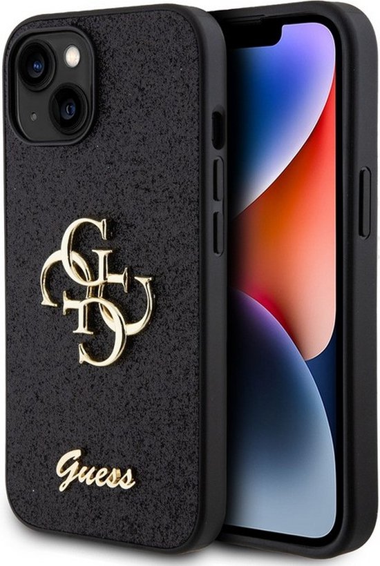 Guess 4G Logo Glitter Back Case - Geschikt voor Apple iPhone 15 (6.1") - Zwart