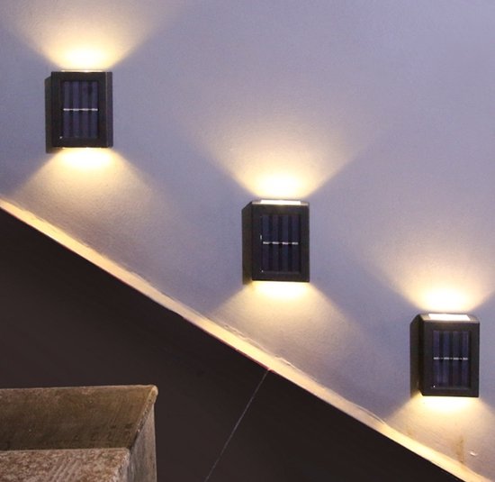 Wandlamp zwart 2 stuks - Solar tuinverlichting - Solar wandlamp buiten - Buitenlamp met sensor - Buitenverlichting zonne energie - Tuinverlichting op zonne energie - Solar tuinverlichting zonne energie