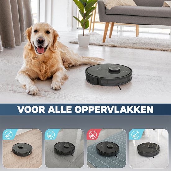 Gouden retriever naast zwarte robotstofzuiger Tjilla C150. "VOOR ALLE OPPERVLAKKEN", met illustraties van verschillende ondergronden.