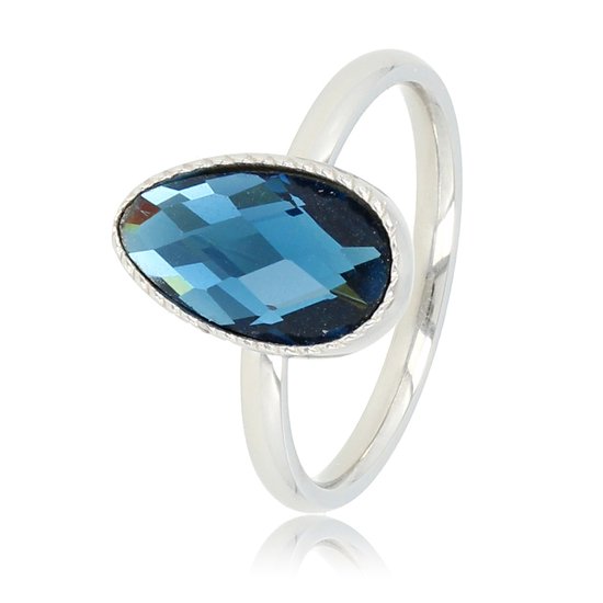 My Bendel - Zilverkleurige ring met getwist randje en blauwe glassteen - Zilverkleurige ring met getwist randje en blauwe glassteen - Met luxe cadeauverpakking