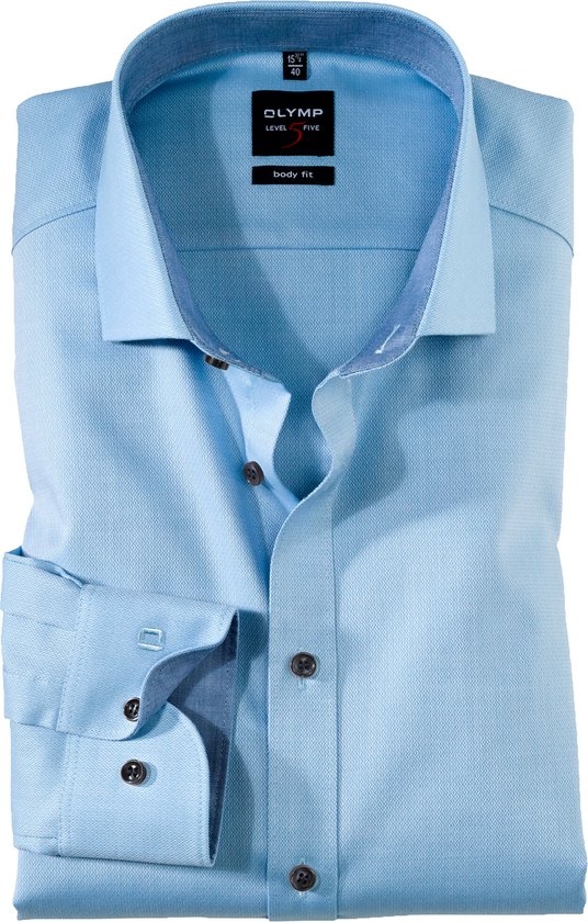 OLYMP Level 5 body fit overhemd - lichtblauw structuur (contrast) - Strijkvriendelijk - Boordmaat: