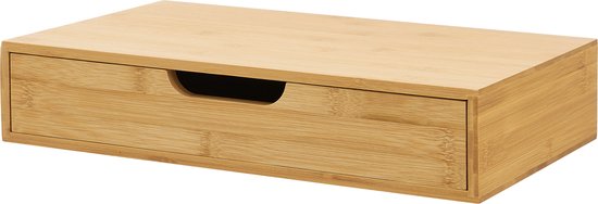Bamboe wandplank met lade, natuurlijke houtkleur, deels open.