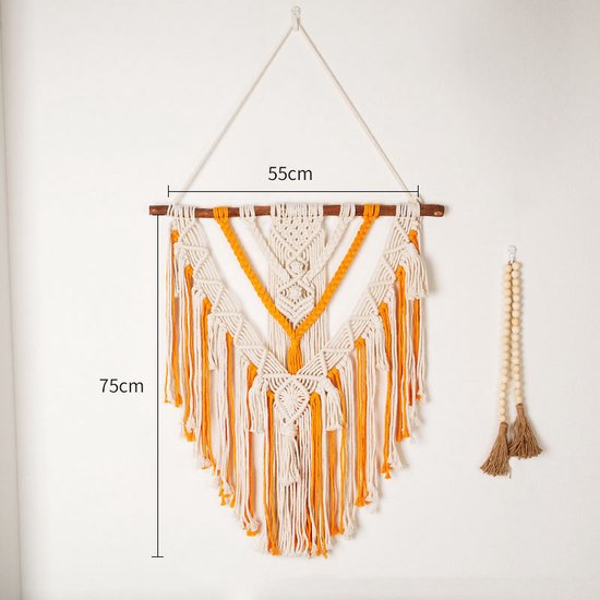 Handgemaakt Macramé Wandkleed - Hoogwaardige Kwaliteit - 100% Katoen - 55x75 cm - Wit/Oranje