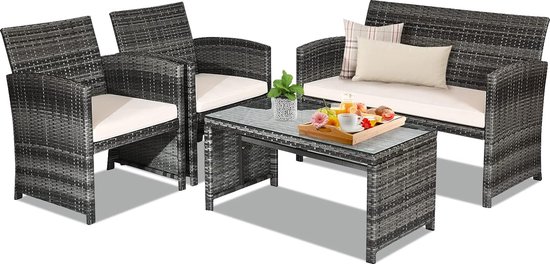 GOPLUS 3-delig tuinmeubilairset van acaciahout, inklapbaar balkonmeubelset, met ronde tafel en 2 stoelen met kussens, zitgroep, zitgarnituur, voor buiten (Beige