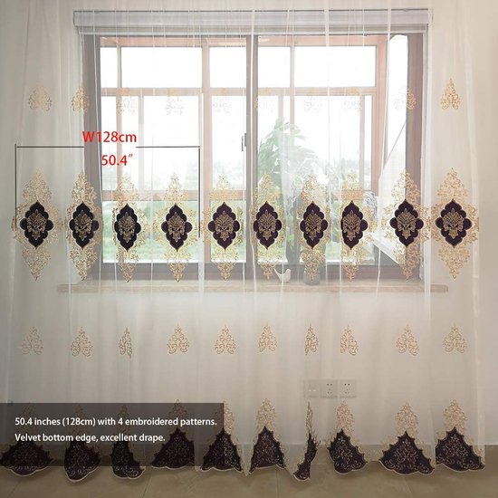 Set van 2 Europese luxe fluwelen geborduurde tule gordijnen voor de woonkamer , keuken, slaapkamer , gordijn met stangzak, paars, 127 x 244 cm (BxH)