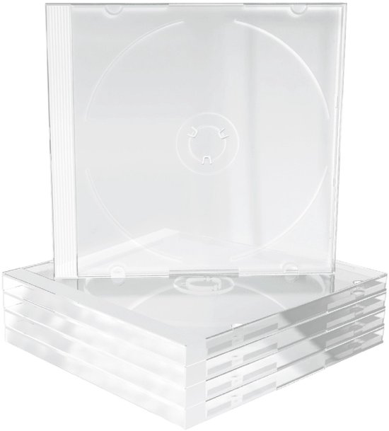 Stapel van vijf transparante CD jewelcases, één stapel met de voorkant naar voren.