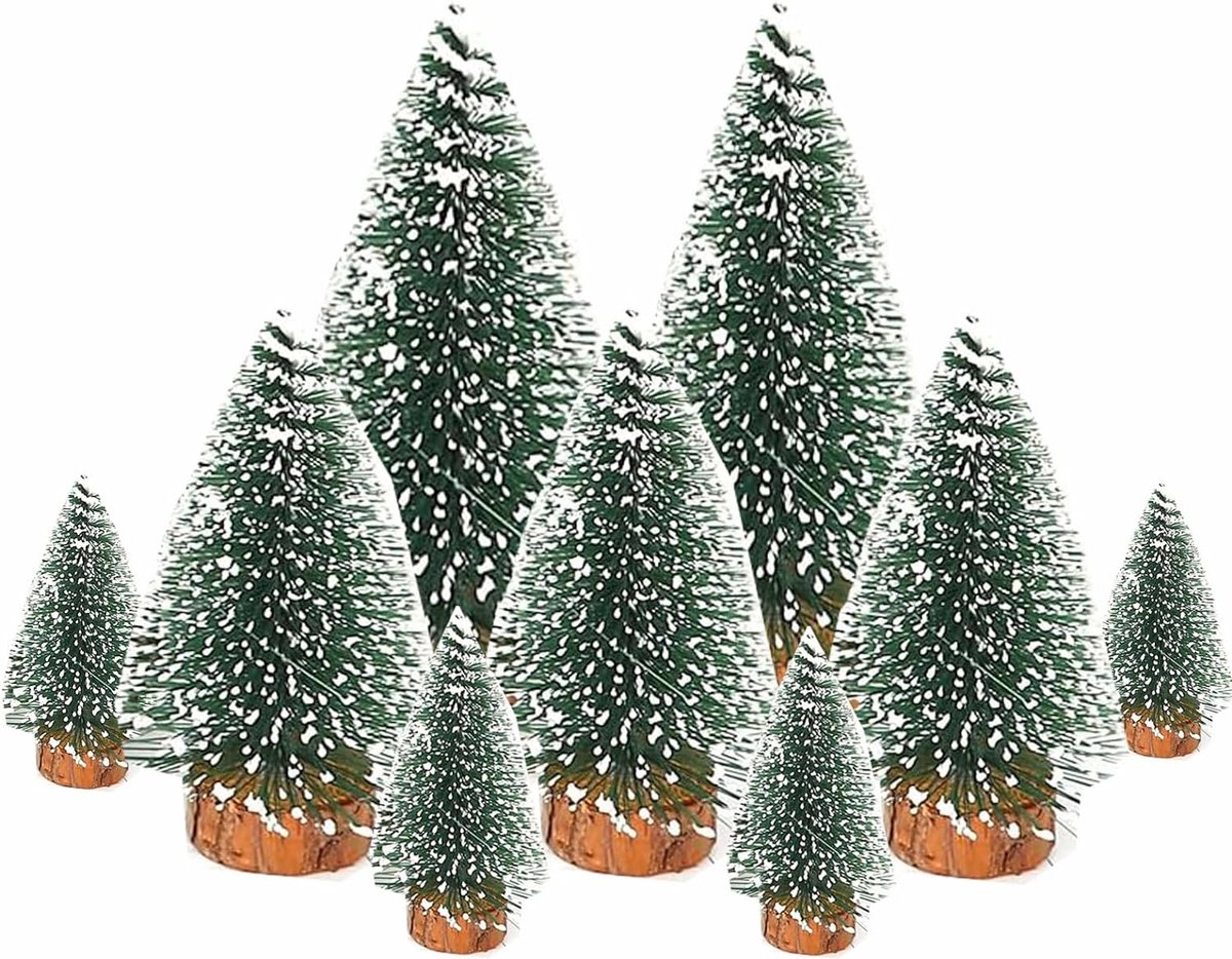 Pakket van 9 Mini Kunstmatige Kerstbomen, 10/15/20 cm, Mini Groene Kerstboom voor Tafeldecoratie met Sneeuweffect, Doe-het-zelf, Groen, Kleine Mini Kerstboom voor Kerstfeest.
