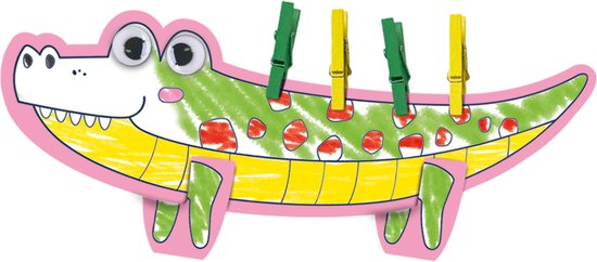 SES - Wasknijper dieren - dierenfiguren kleurplaten - met 8 kleurpotloden, 50 gekleurde mini knijpers en wiebeloog stickers - SES