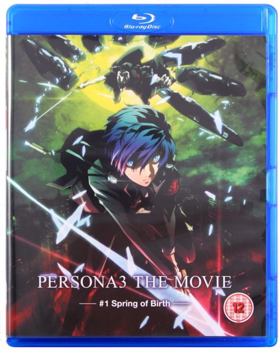 Blu-ray hoes van Persona 3 The Movie #1 Spring of Birth met de hoofdpersoon in de voorgrond en anime-personages op de achtergrond.