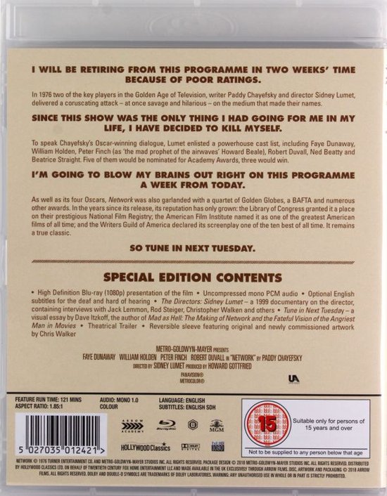 De achterkant van de "Network" Blu-ray hoes met de tekst van de film en speciale inhoudsopgaven.